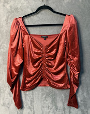 Express Rust Red Velvet Ruched Front Puff Sleeve Glam Romantic Top Small
