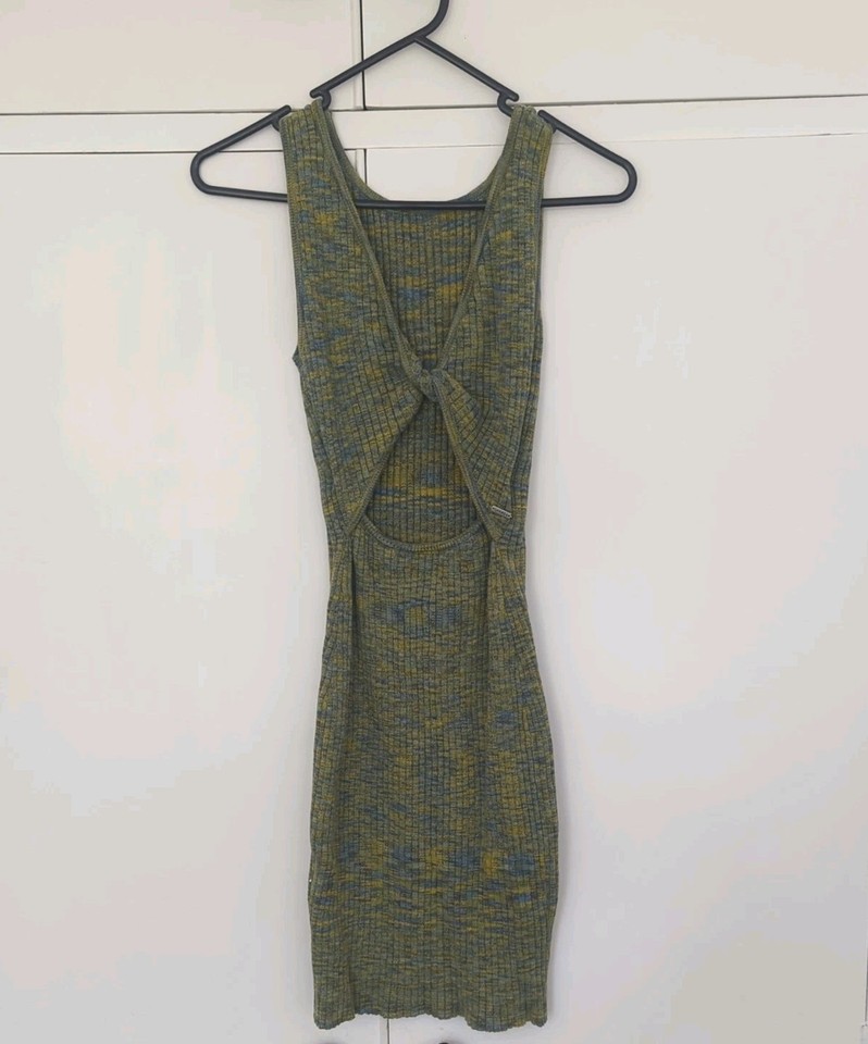 Ghanda Knit Twist Front Mini Dress Sleeveless Ribbed Green Marled Size Small (S)