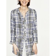 Zara Basic Collection Blue Plaid Tweed Longline Blazer Jacket Frayed Trim M