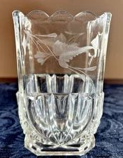 Vintage Square Etched Leaf Glass Vase Scalloped Rim 5"x3"