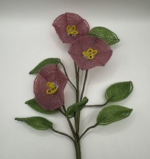 VTG French Glass Seed Bead Flowers Pink Morning Glories 3 Blooms  7 Leaves 12"