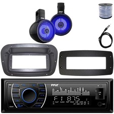 Pyle Single-DIN Marine Receiver W/Kit  Adapter Plate, 2x 8" LED Blue Speakers