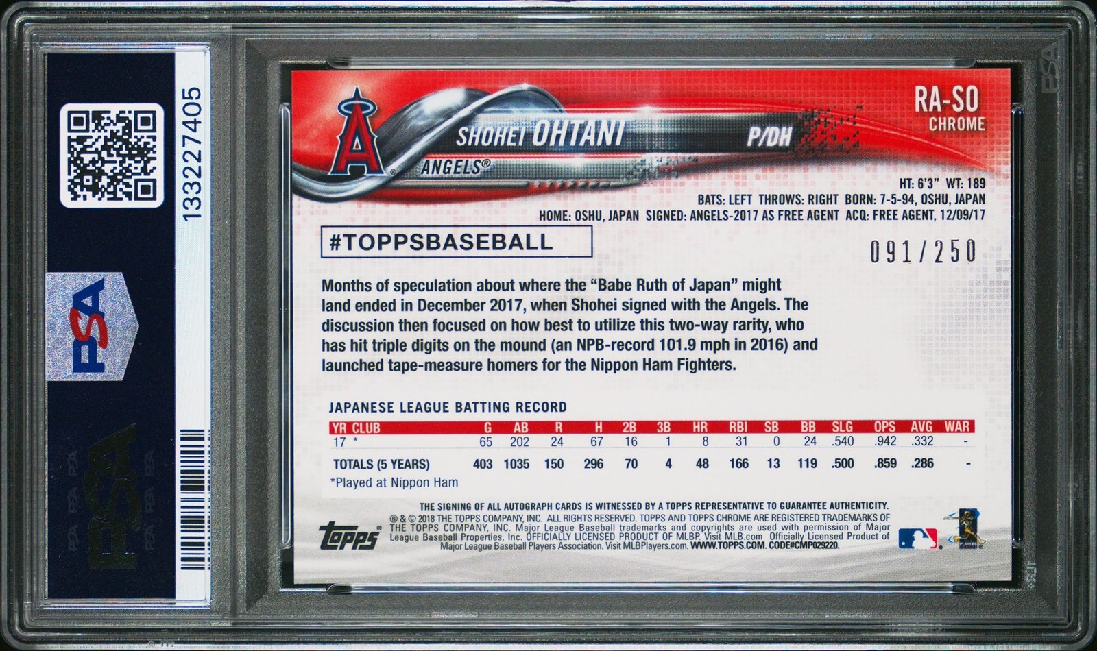 2018 Rookie auto-purple ref. 91/250 Shohei Ohtani Rookie Auto #RA-SO PSA 9 RF7 view 2