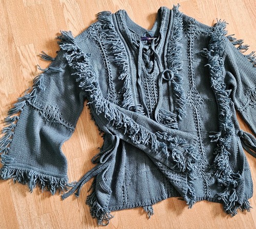 Denim 24/7 Womans Plus Sz 1x 22/24 V Neck Boho Fringe Sweater Poncho Teal Blue - Picture 4 of 9