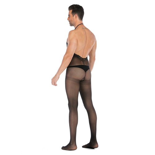 Sexy Para hombres Ropa Interior Negra Cuello Colgante Entrepierna Abierta Mono Medias de Seda - Imagen 3 de 5