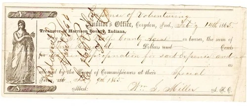 Indiana 1865 Civil War Volunteer Bounty loan repayment: printed $ 300.00 note