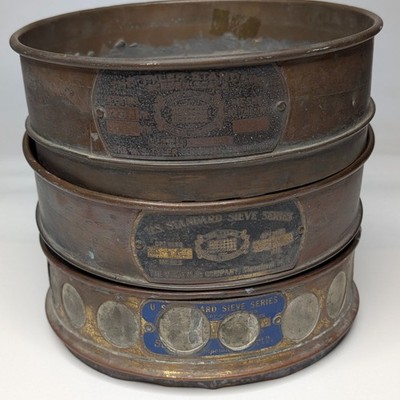 3pc LOT Vtg W.S. Tyler Co Brass Soil Testing Sieves & Pan 8'' Industrial Lab