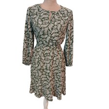 Old Navy Green White Leaf Print Keyhole Neck Long Sleeve Cottagecore Dress Sz S