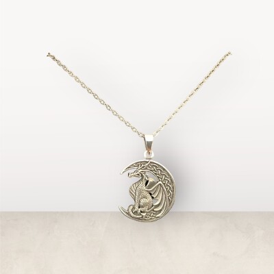 Large 925 Sterling Silver Dragon Celtic Crescent Moon Pendant Chain ...