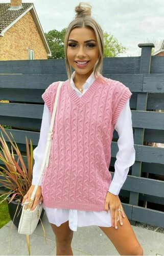 Womens Ladies Cable Knit Sleeveless Vest Knitted Jumper Tank Top Winter Sweaters - Afbeelding 10 van 10