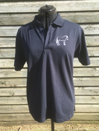 NORWEGIAN FJORD HORSE OUTLINE Navy Blue Embroidered POLO SHIRT UK 14 - 16 Mens S - Picture 2 of 4