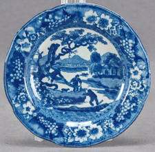 Robert Hamilton Fishermen With Nets Blue Transferware Cup Plate C. 1811-1826