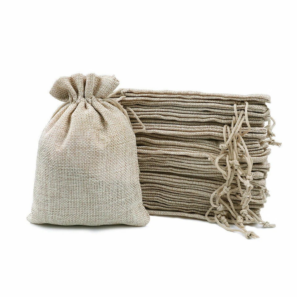 25-100 Pcs Wedding Burlap Bags Linen Jewelry Pouches Jute Hessian Gift Bag Favor - Image 2 of 4