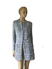 Helene London Blue Tweed  Single Breasted Hook  Closure Longer Jacket Size S