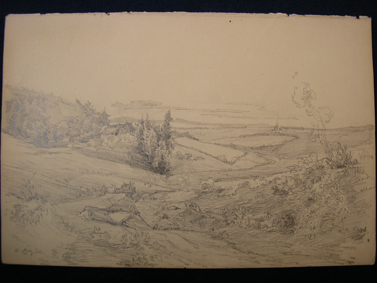 PENCIL DRAWING 1850 LANDSCAPE EAST GERMANY INSCRIBED