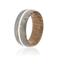 New 8mm Wide Damascus Steel Ring with Leopard Wood Sleeve, Sterling Silver inlay
