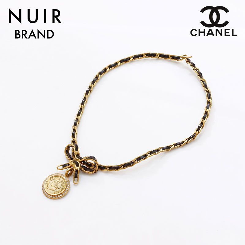 CHANEL Necklace Coin Gold Chain Leather Ribbon Rhinestone CHANEL Necklace Coin Gold Chain Leather Ribbon Rhinestone