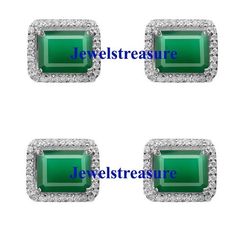 Natural Green Onyx & CZ Stones with 925 Sterling Silver Tuxedo Buttons set #314 - Picture 4 of 6