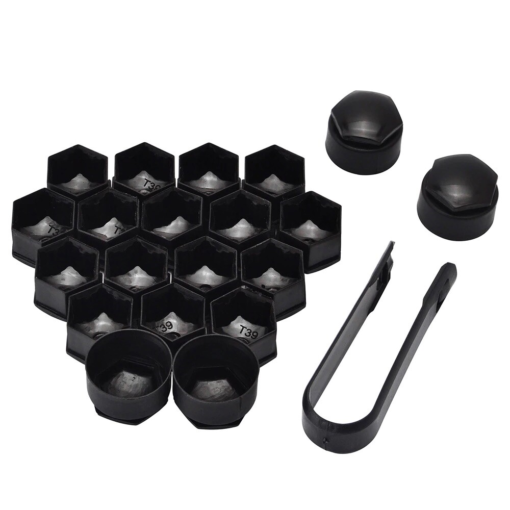 21mm Black Nut Caps + 4x Locking Wheel Nut Covers + Removal Tool VW