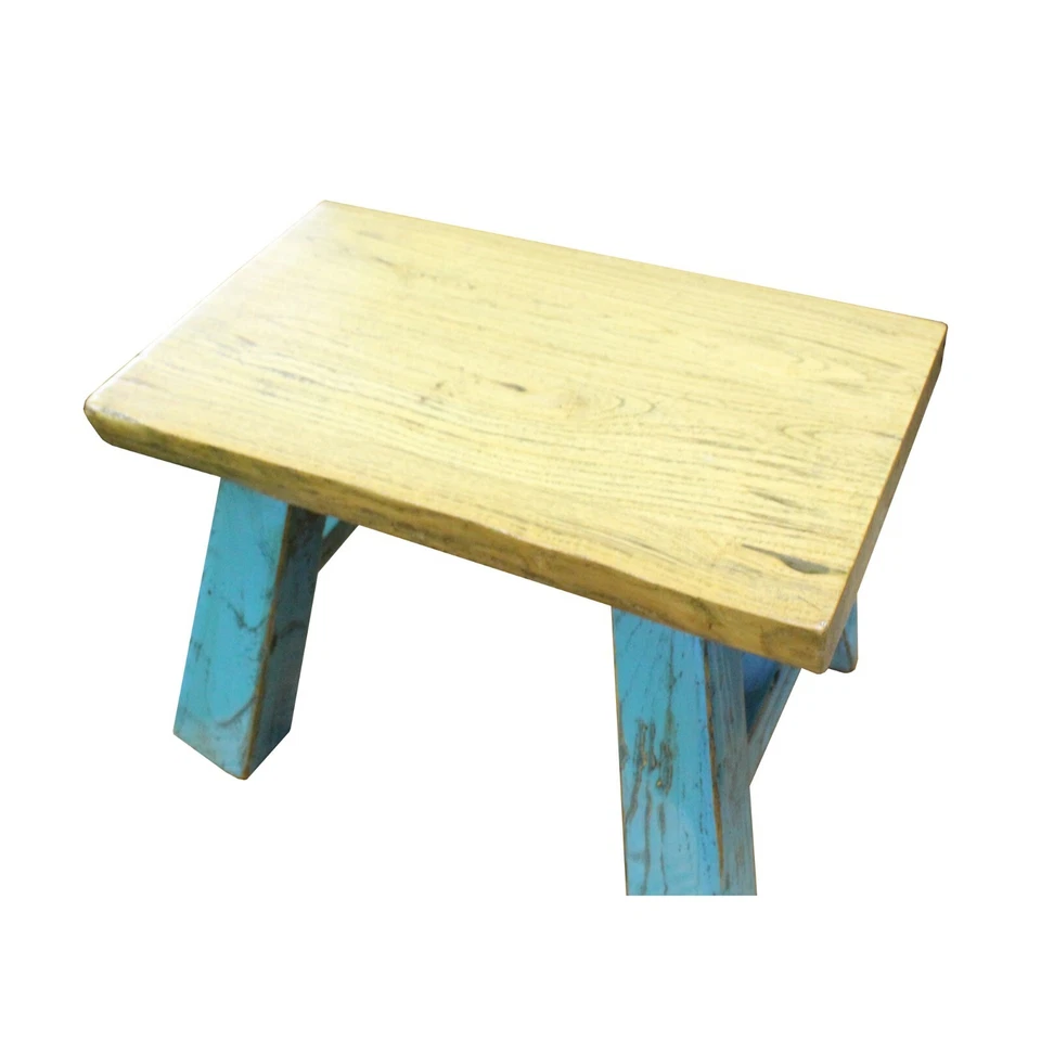 Raw Wood Top Finish Blue Legs Rectangular Short Stool Table cs5604 - Image 4 of 4