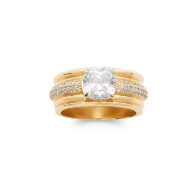 Bague large plaqué or 18 carats et oxydes de zirconium avec poinçon officiel taille 54