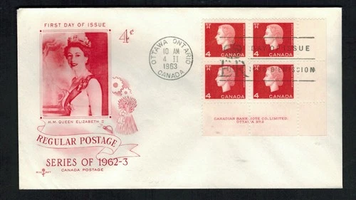Canada #404, 1963 4¢ red QE II Cameo LR Plate Block #2, Rosecraft cachet FDC