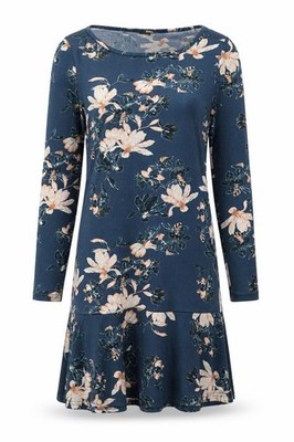 Solo Damen Etuikleid Größe 8 Blau Blumenmuster Knielang U-Ausschnitt Langarm