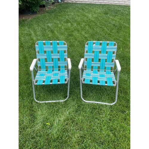 VTG SUNBEAM Lawn Chairs (2) Folding Aluminum Webbed Turquoise