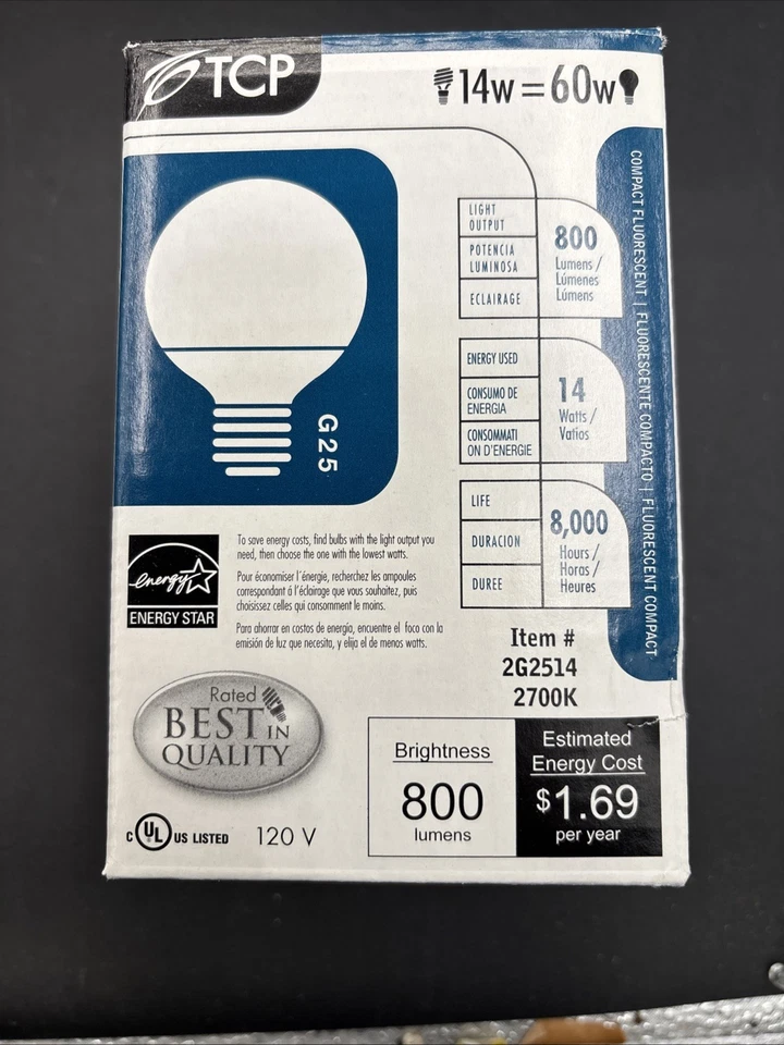 5-TCP 14W=60W G25 CFL Medium Base Globe Bulb 2700K Warm White - Image 2 of 4