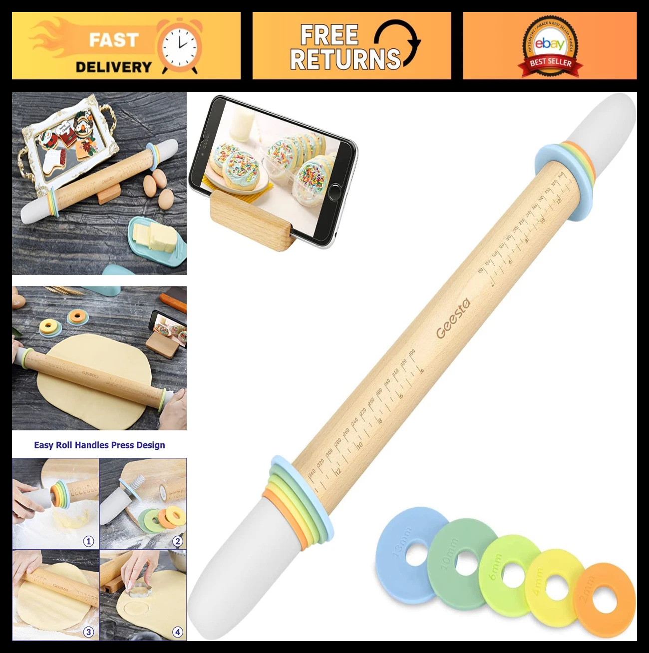 Adjustable Wood Rolling Pin with 5 Thickness Rings & Measurement Guide - Baking