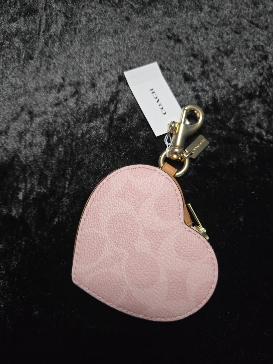 NWT Coach POWDER PINK Heart Bag Charm In Signature Canvas CEA22