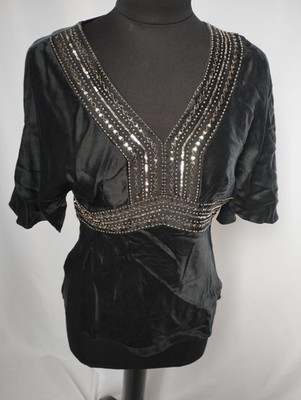 Marks And Spencers Schwarz Seiden Kimono Stil Bluse Gr UK 12 
