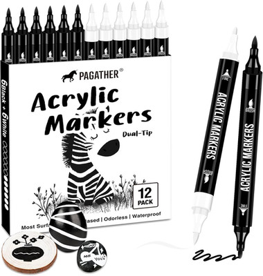 Black and White Acrylic Paint Markers, 12 Pack Dual Tip with Fine Tip and Brush