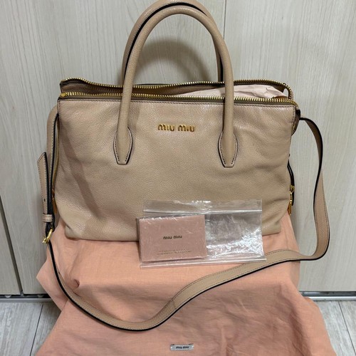 Miu Miu Madras Leather Tote Bag Beige Gold Zip Auth