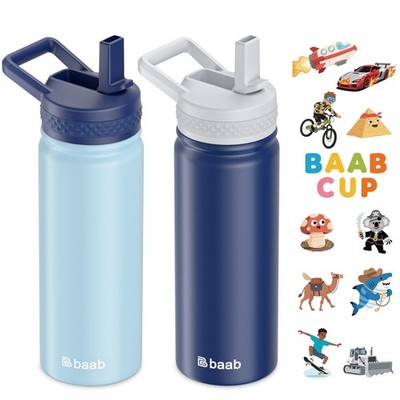 baab 18oz Kids Water Bottle, Insulated Water Bottle with Straw & Stickers, 18/8 