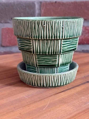 Vintage 4" McCoy USA Planter Green Basket Weave Flower Pot Ceramic