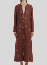 Valentino Women Brown Lace Peonies Blanket Semi-Sheer Caftan Maxi Dress Size 46