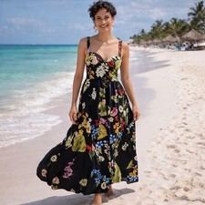 Agua Bendita Dunna Moss Maxi Dress Floral Black Sun Straps Casual Vacation M