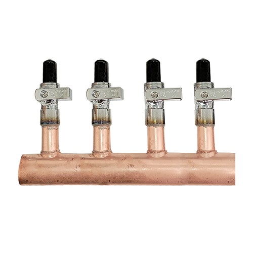 4 Loop 1" Copper Radiant Manifold w/ 1/2" Pex Crimp Mini-Ball Valve Fittings