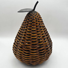 Rustic Woven Wicker Pear Sculpture 10" Large Decorative Fruit Boho Shelf Decor