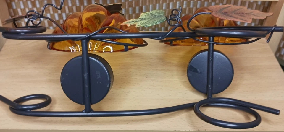 Tealight duplo ~ Abóboras laranja de vidro manchado ~ Folhas de metal outono videiras ~ 10x6" - Imagem 4 de 4