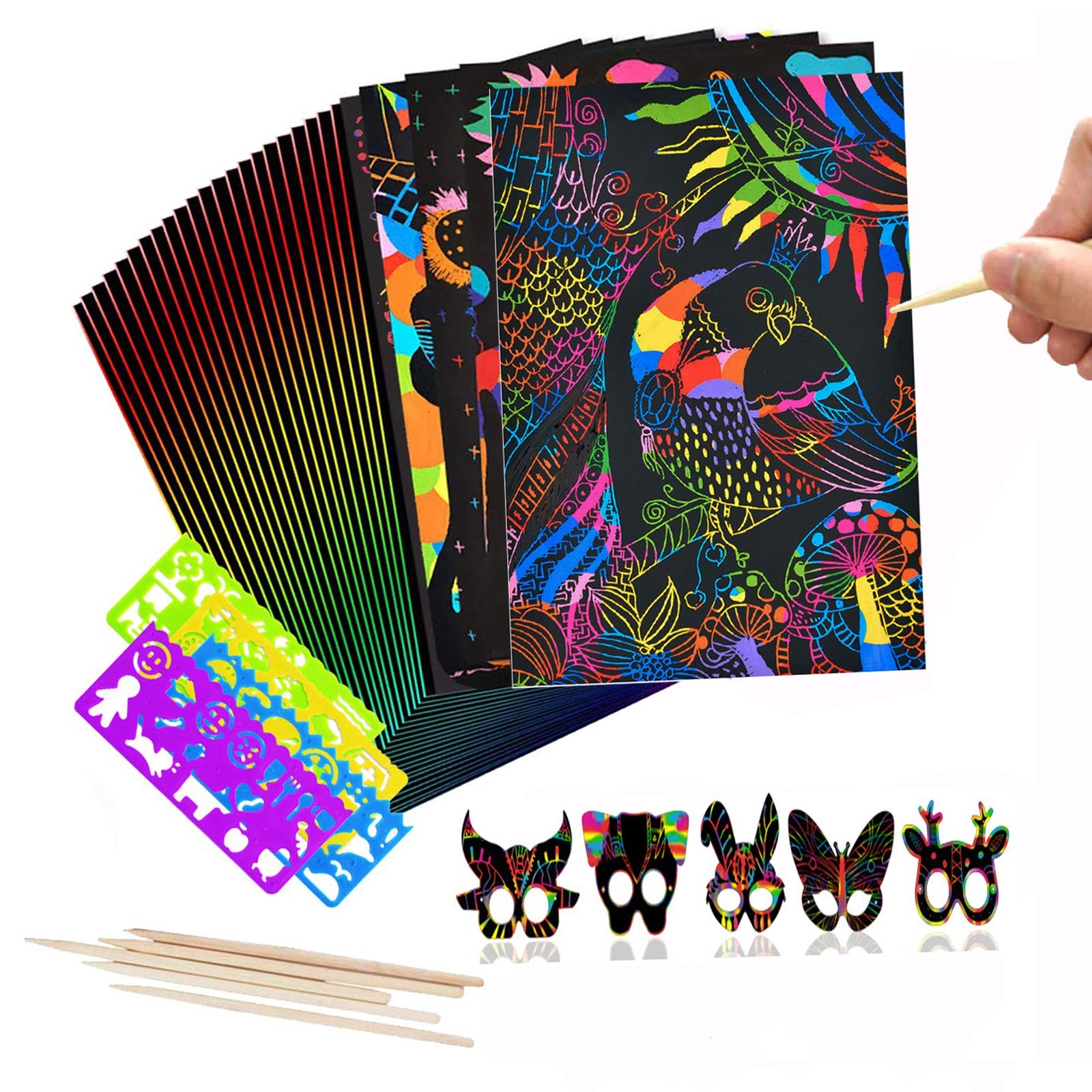 Scratch Art for Kids, 50 Pcs Magic Rainbow Paper 5.31"" x 7.6"", Black