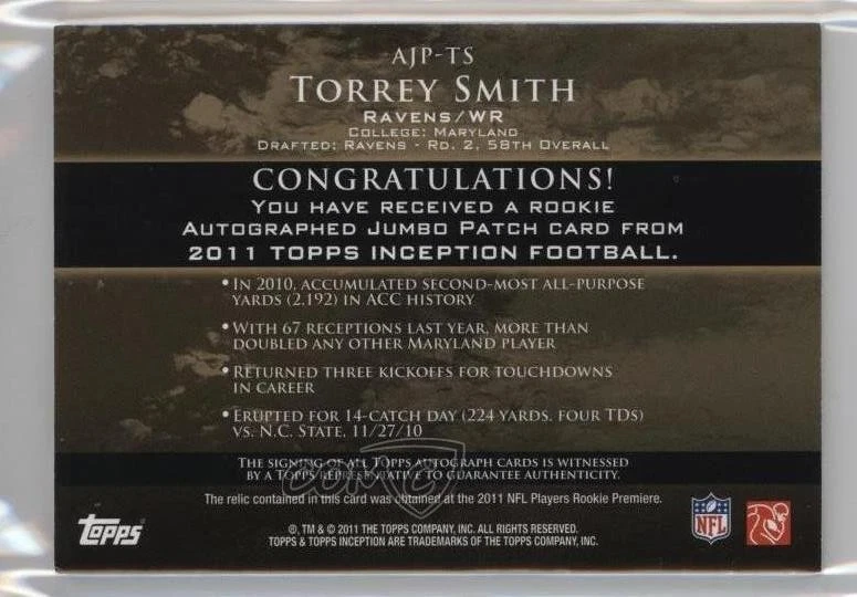 2011 Topps Inception Rookie /150 Torrey Smith #AJP-TS RPA Jumbo Patch Auto RC - Image 2 of 2
