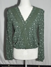 Mi Ami Sage Green Shirt Crocheted Lace Peasant Faux wrap Boho Sz M 