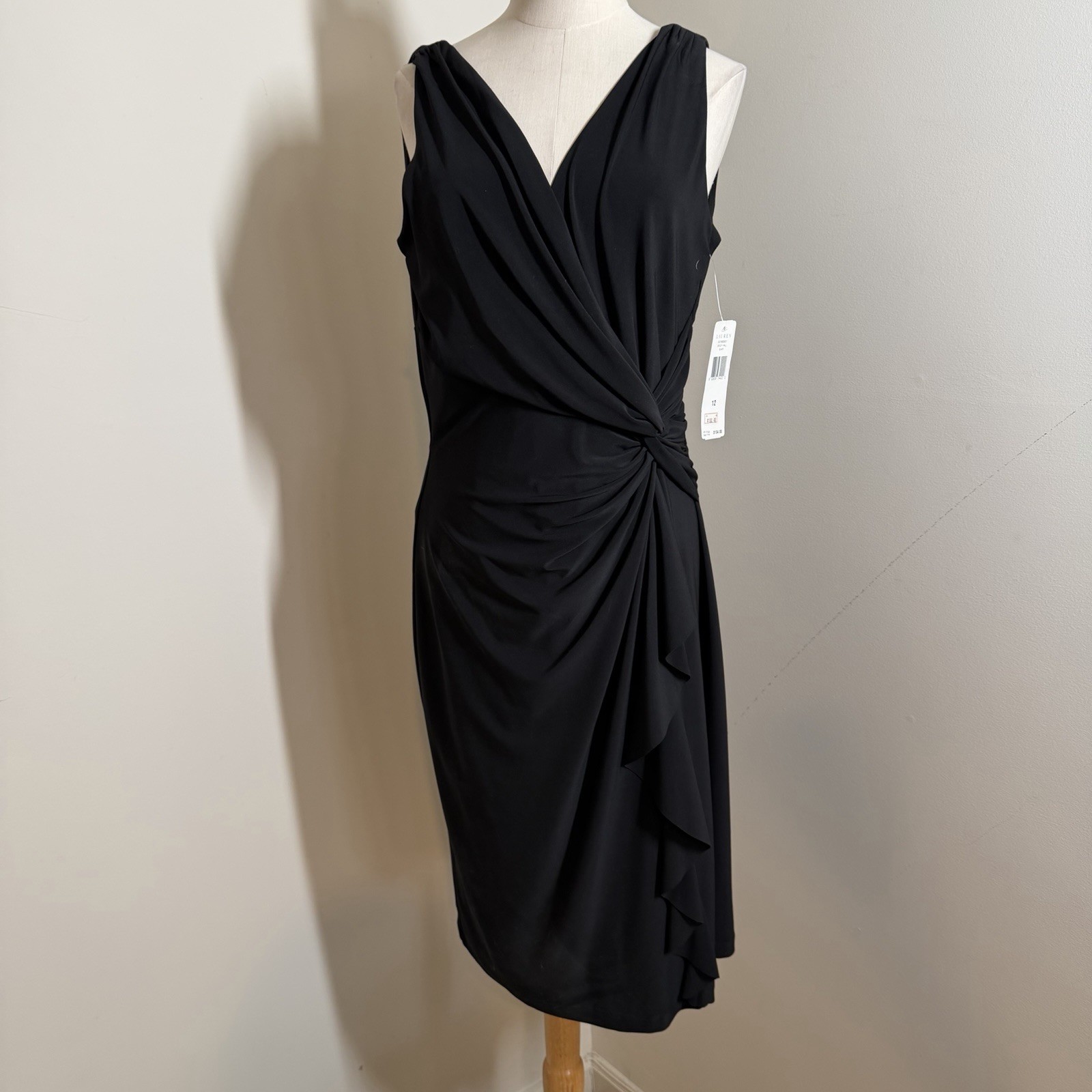 Lauren Ralph Lauren Black Jersey - SZ 12- Faux Wrap Ruffle Sleeveless Dress