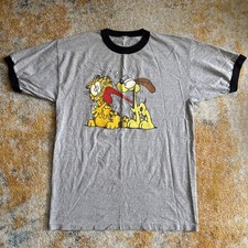 70s 80s VTG GARFIELD ODIE RINGER T-SHIRT ADULT SZ M GREY SINGLE STITCH
