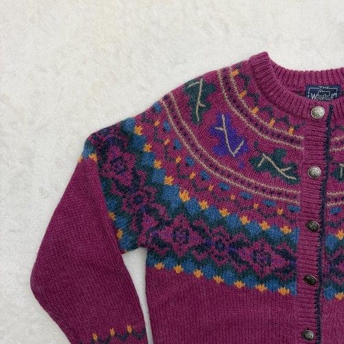 Vintage Woolrich Cardigan Sweater Womens Medium Purple Fair Isle Leaf Wool, Size M, $44 - Photo 6
