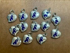 DARK BLUE RIBBON AWARENESS SMALL HEART PUFF CHARMS X13 JEWELRY 2-SIDED CANCER