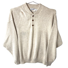 Vintage London Fog Men's XL Beige Henley Button Cable Knit Sweater Made in USA