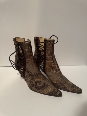 Vintage Jimmy Choo Paisley Corset Lace Pointed Toe Ankle Boots Y2K RARE 36